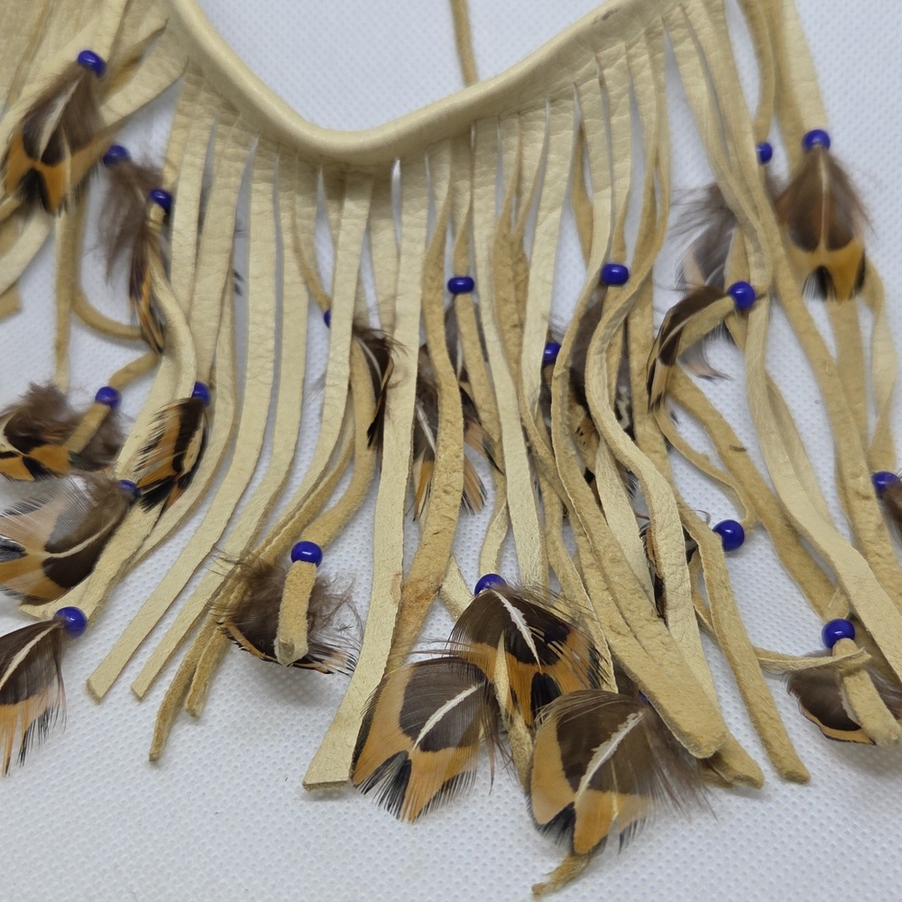 Leather Creme Fringe Choker Necklace Feather